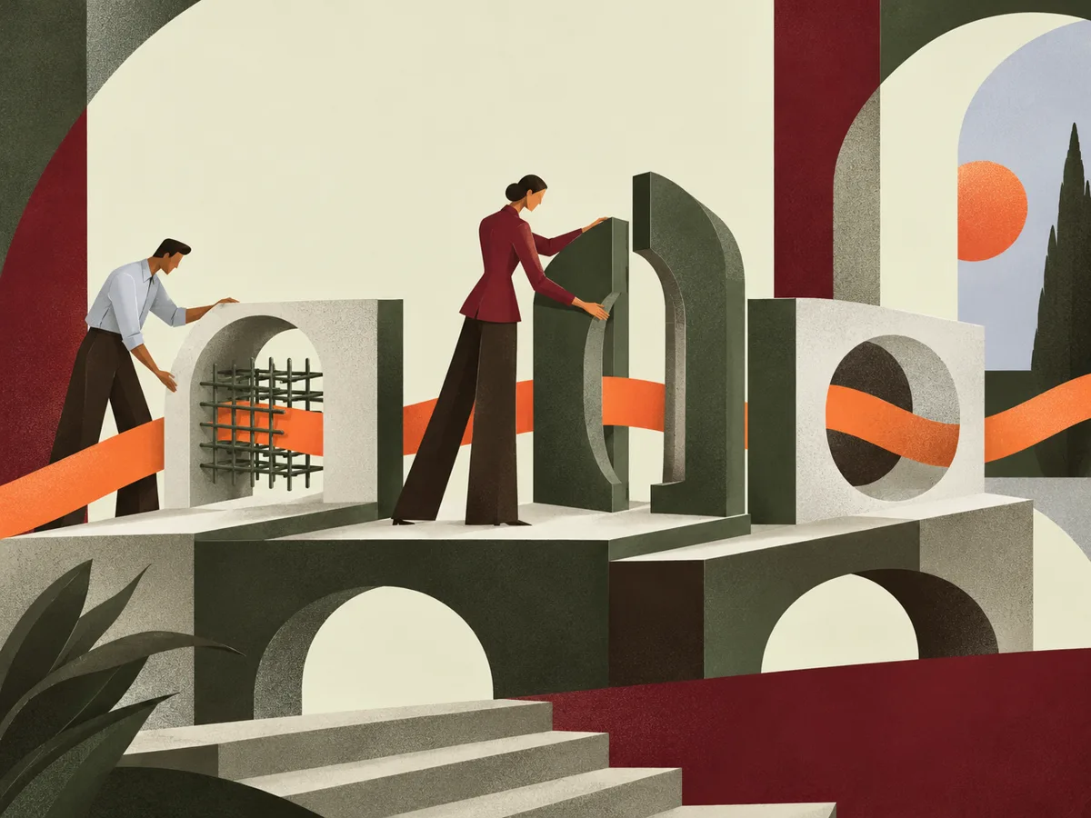 Two designers guide an orange workflow through modular stages and a human-controlled gateway.