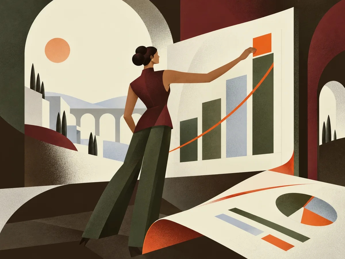An analyst arranges a data tile on a sculptural performance chart that flows into a financial report.