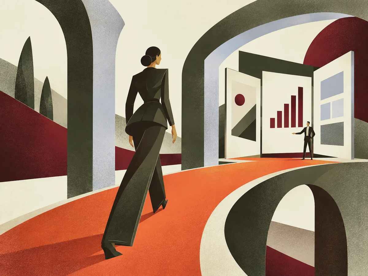 A person follows an orange pathway through open portals toward organised digital documents.